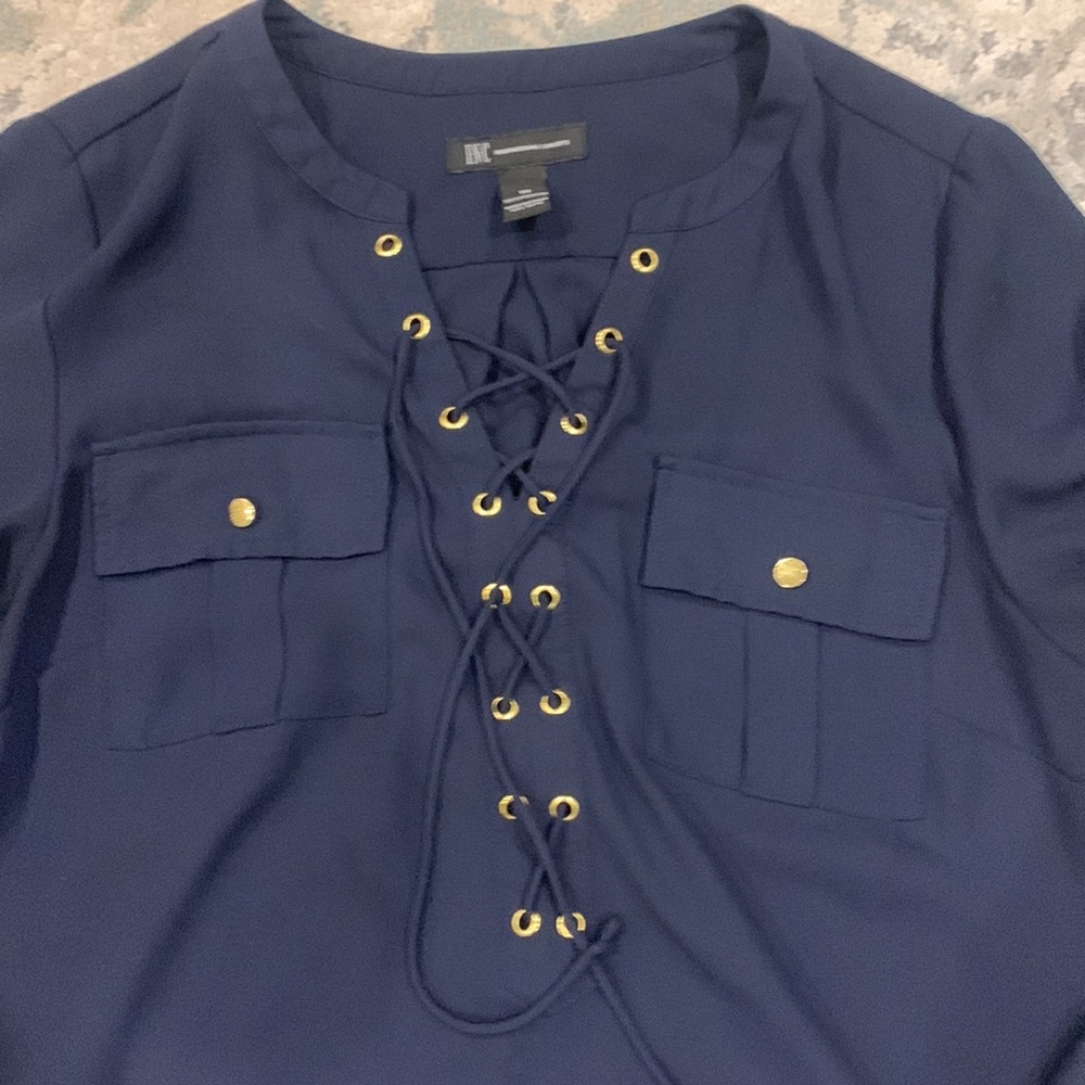 Women's INC International Concepts Navy Blue Shirt with Gold Features - Size 10